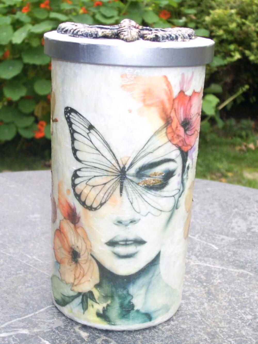 OOAK Homemade Decoupaged Jar Candle Butterfly Womens Face Glitter 17 oz. Candle